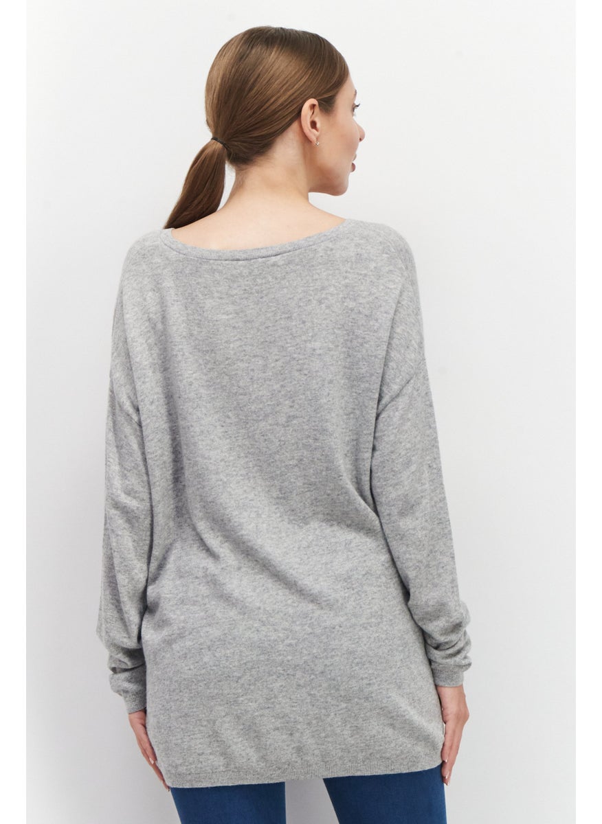 ESPRIT Women V-Neck Long Sleeve Textured Sweater, Grey Heather  - Image 2