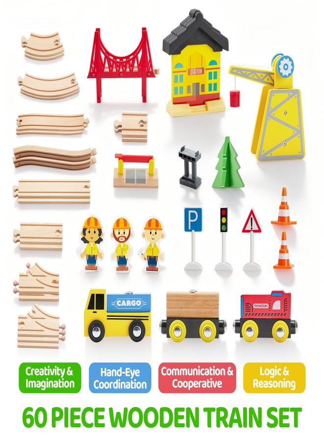 SYNCFUN 60PCS Wooden Train Set - Toy Magnetic Trains with Wooden Track Set for Kids Ages 3-8, Construction Crane Railway Set, Perfect Christmas Birthday Gift for Grandkids Toddlers Boys Girls - Image 3