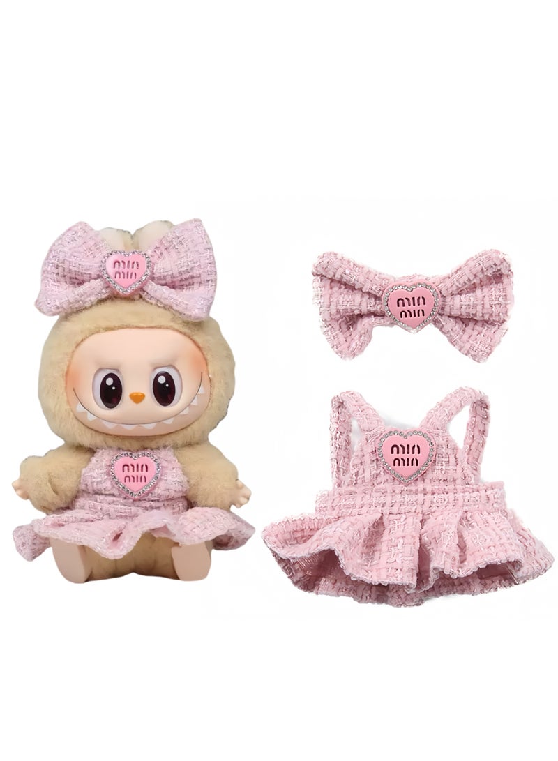 CUNUUDOOL Doll Clothes Set & Outfit Set For 17cm Dolls,Labubu Clothes Pink Dress And Pink Bow Headdress Suitable For Hanging Plush Dolls Up To 17cm, Interchangeable Clothing For 1,2,3，Generation - Image 1