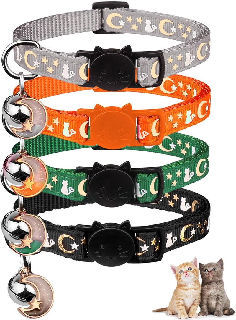Baeuppit 4PCS Cat Collar with Bells,Breakaway Cat Collars,Moons Stars Cute Kitty Adjustable Safe Kitten Collars Pendant Glow in The Dark,Cat Collars for Boy Cats 8.0-13.0 Inch(Black&Grey&Deep Green&Orange) - Image 1