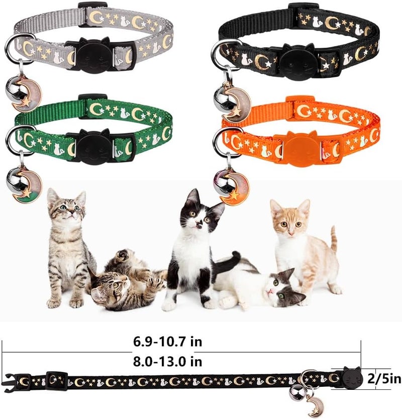 Baeuppit 4PCS Cat Collar with Bells,Breakaway Cat Collars,Moons Stars Cute Kitty Adjustable Safe Kitten Collars Pendant Glow in The Dark,Cat Collars for Boy Cats 8.0-13.0 Inch(Black&Grey&Deep Green&Orange) - Image 5