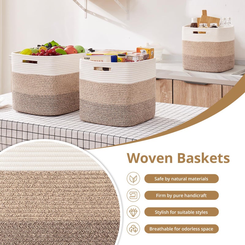 OIAHOMY 13 Kallax Inch Cube Storage Bins, 3-Pack Cotton Rope Woven Baskets for Organizing, Kallax Insert Storage Baskets for Shelves, Baby Nursery, Closet Organizer, 13*13*12.6IN, Gradient Brown - Image 5