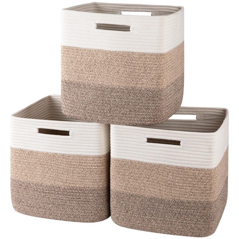 OIAHOMY 13 Kallax Inch Cube Storage Bins, 3-Pack Cotton Rope Woven Baskets for Organizing, Kallax Insert Storage Baskets for Shelves, Baby Nursery, Closet Organizer, 13*13*12.6IN, Gradient Brown - Image 1