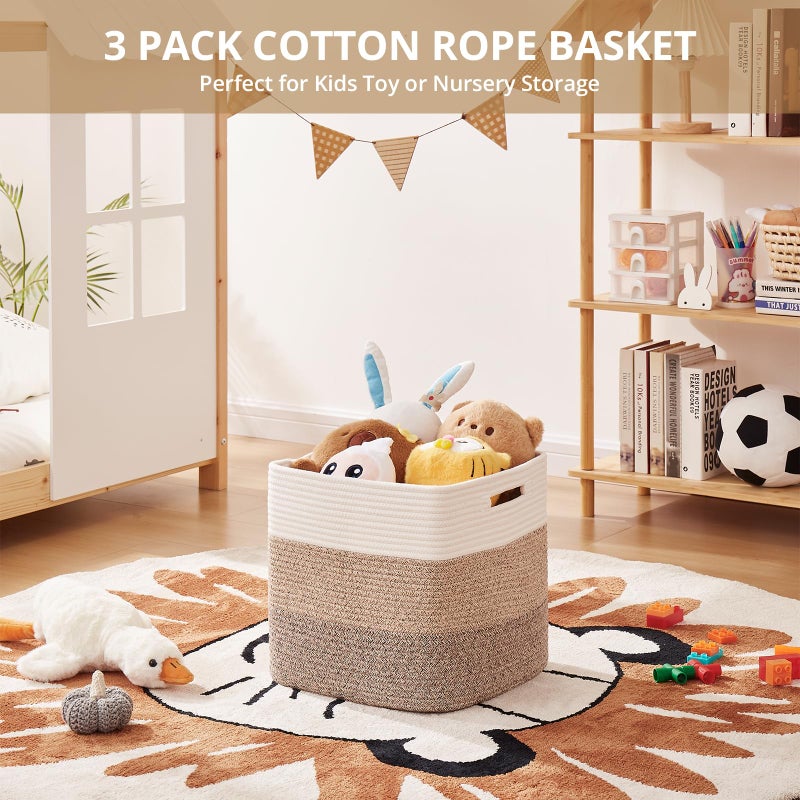 OIAHOMY 13 Kallax Inch Cube Storage Bins, 3-Pack Cotton Rope Woven Baskets for Organizing, Kallax Insert Storage Baskets for Shelves, Baby Nursery, Closet Organizer, 13*13*12.6IN, Gradient Brown - Image 4