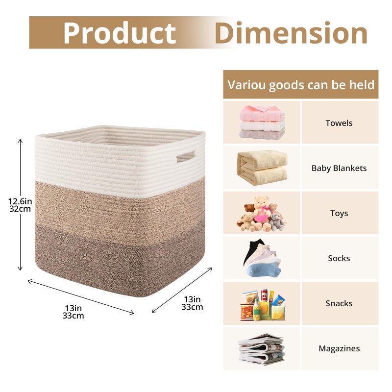 OIAHOMY 13 Kallax Inch Cube Storage Bins, 3-Pack Cotton Rope Woven Baskets for Organizing, Kallax Insert Storage Baskets for Shelves, Baby Nursery, Closet Organizer, 13*13*12.6IN, Gradient Brown - Image 2