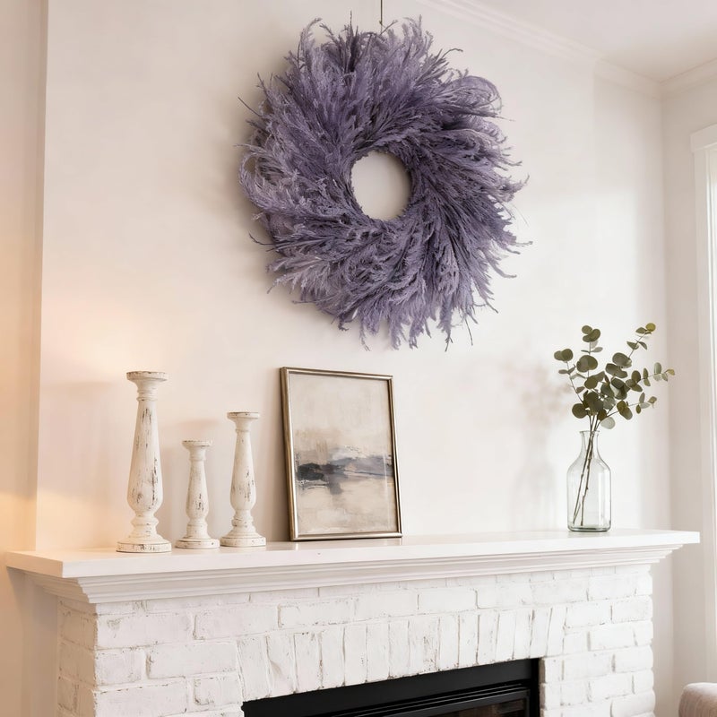 HipTree 28 Inch Farmhouse Lavender Purple Flocked Cypress Wreath Outdoor- Handmade Faux Lavender Pampas Grass Wreath for Front Door, Spring/Summer/Easter/Wedding All-Season Home DÃ©cor - Image 3