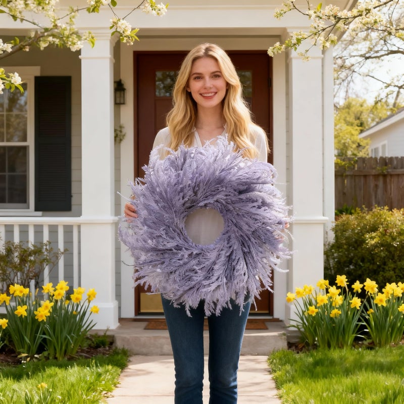 HipTree 28 Inch Farmhouse Lavender Purple Flocked Cypress Wreath Outdoor- Handmade Faux Lavender Pampas Grass Wreath for Front Door, Spring/Summer/Easter/Wedding All-Season Home DÃ©cor - Image 2
