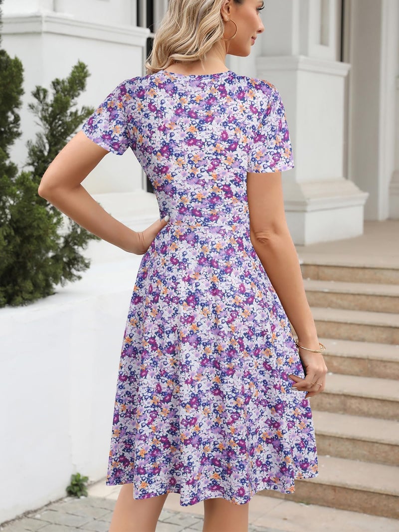 HELYO Women's Elegant Vintage 50s Office Casual Floral Print Work Party A-Line Swing Dress with Pockets 162 (S, Purple Floral) - Image 2
