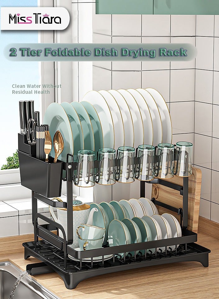 MissTiara 2 Tier Foldable Dish Drying Rack with Utensil Holder & Cutting Board Holder & Drainboard Tray, Rotatable Drainage System Scratch Resistant Frosted Baking Process Coatings, Large Black  - Image 1