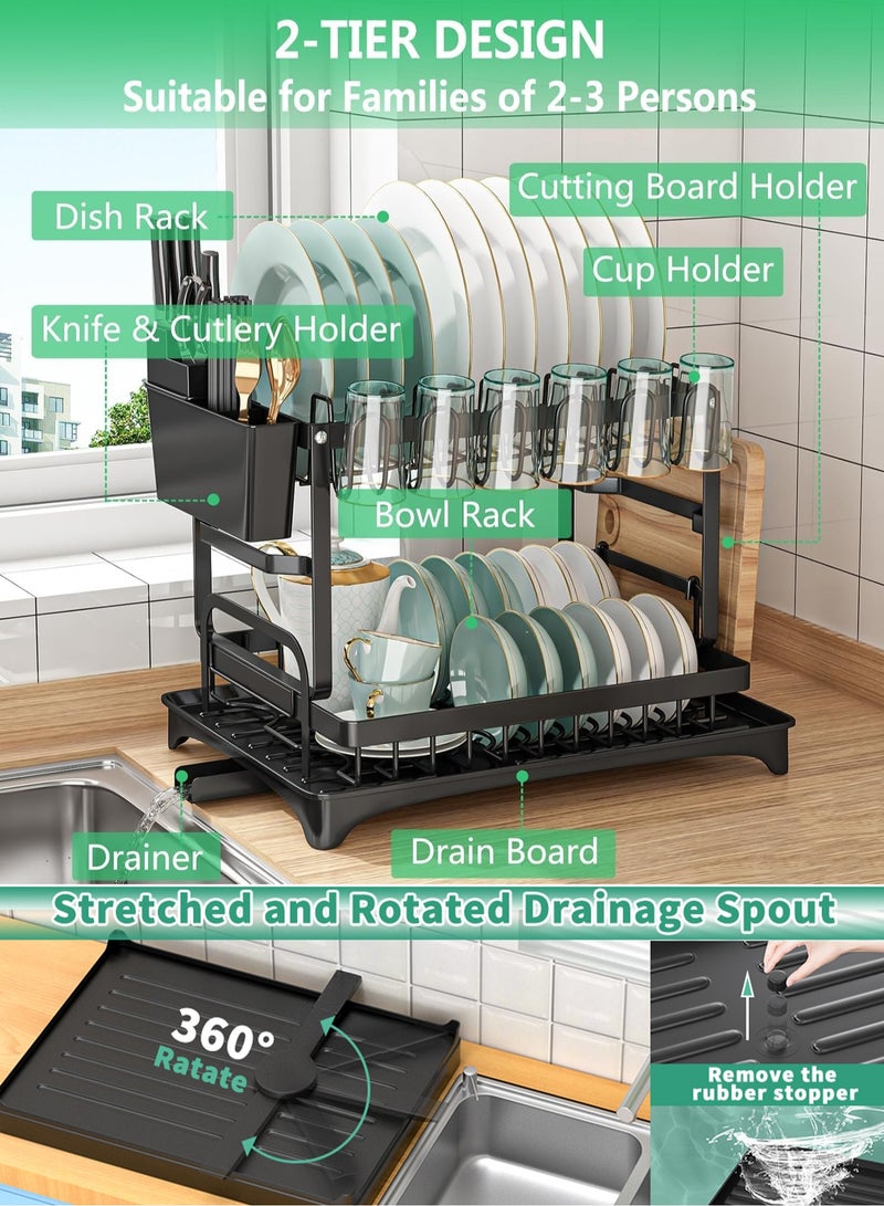MissTiara 2 Tier Foldable Dish Drying Rack with Utensil Holder & Cutting Board Holder & Drainboard Tray, Rotatable Drainage System Scratch Resistant Frosted Baking Process Coatings, Large Black  - Image 2