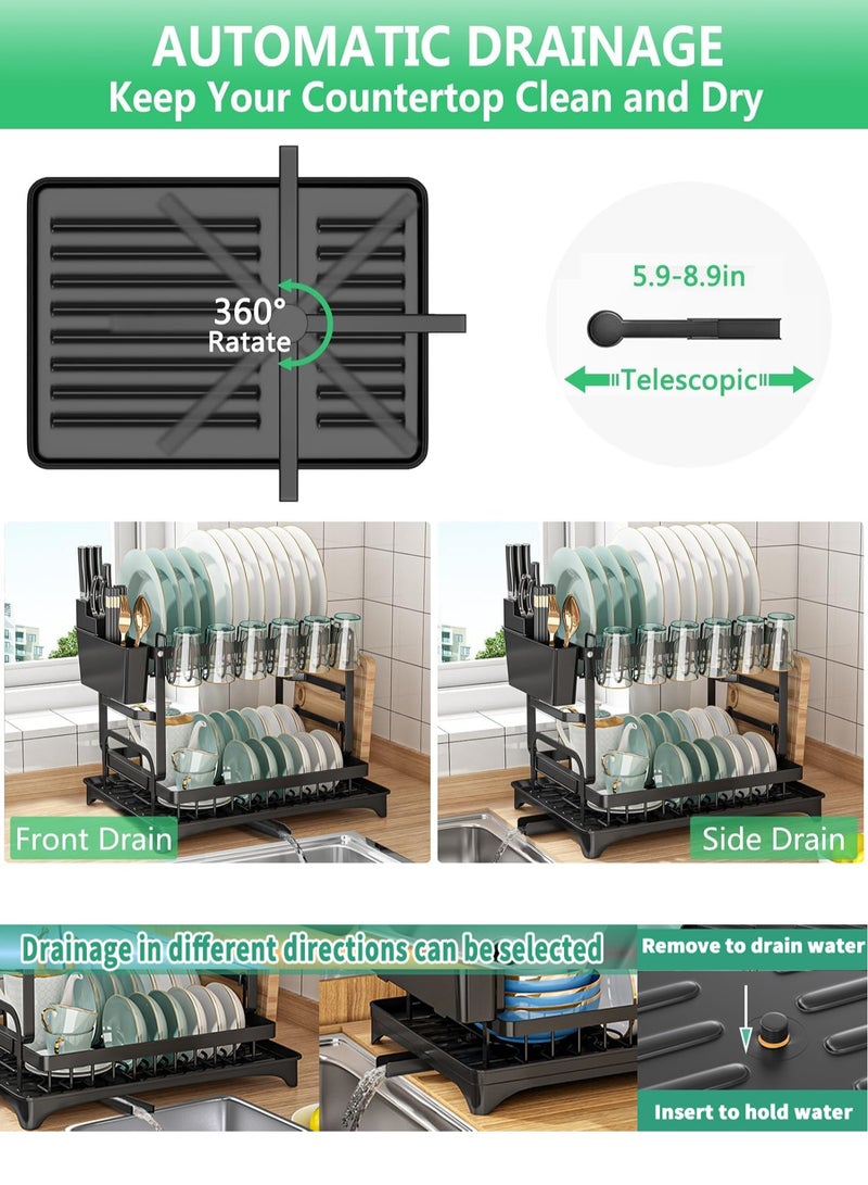 MissTiara 2 Tier Foldable Dish Drying Rack with Utensil Holder & Cutting Board Holder & Drainboard Tray, Rotatable Drainage System Scratch Resistant Frosted Baking Process Coatings, Large Black  - Image 4