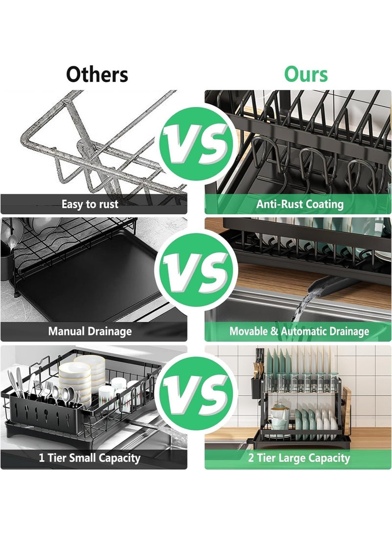 MissTiara 2 Tier Foldable Dish Drying Rack with Utensil Holder & Cutting Board Holder & Drainboard Tray, Rotatable Drainage System Scratch Resistant Frosted Baking Process Coatings, Large Black  - Image 5