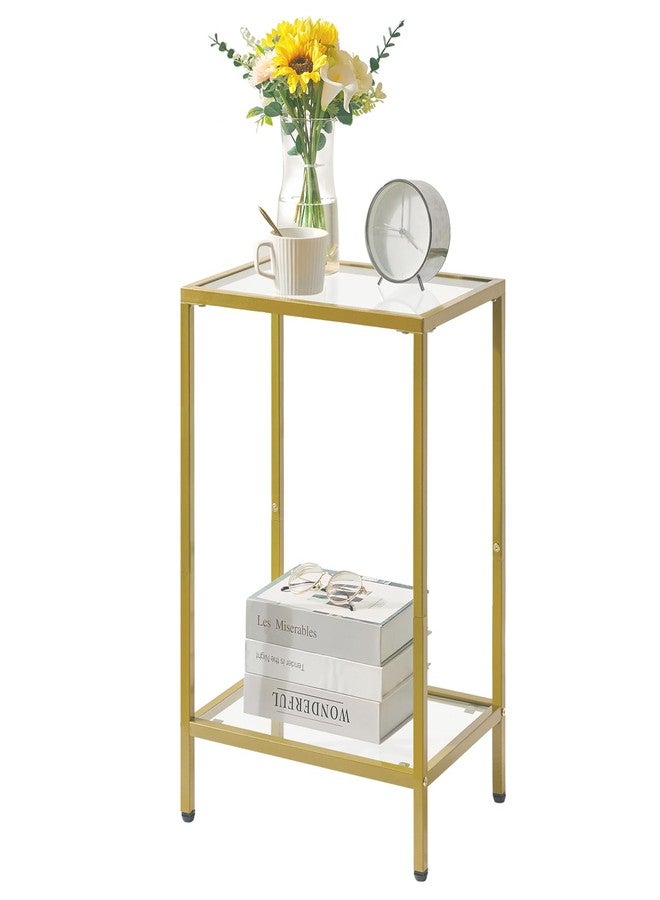 YMYNY Tempered Glass Side Table, 2 Tier End Table with Storage Shelves, Narrow Bedside Table, for Small Space in Living Room, Bedroom,Gold, UHGD002G - Image 1