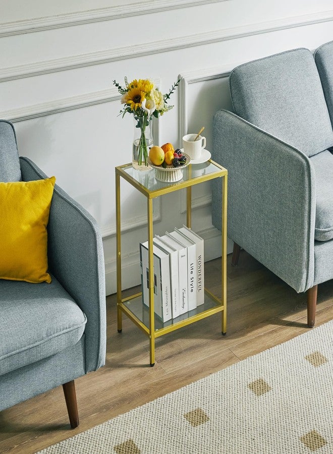 YMYNY Tempered Glass Side Table, 2 Tier End Table with Storage Shelves, Narrow Bedside Table, for Small Space in Living Room, Bedroom,Gold, UHGD002G - Image 2