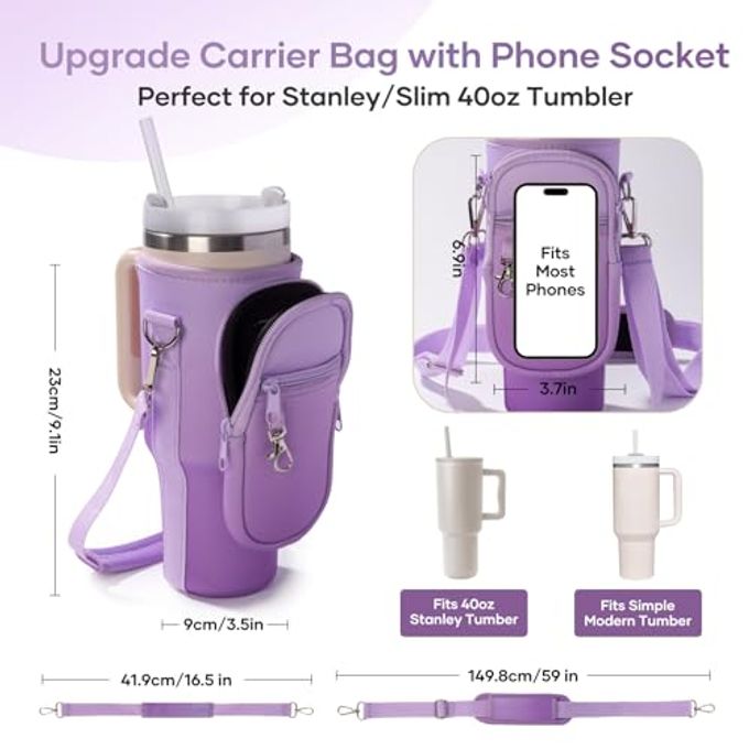 linmaya Water Bottle Carrier Bag for Stanley Cup 40/30oz with Phone Holder Pockets,Neoprene Water Bottle Cross-body Bag with Adjustable Shoulder & Hand Strap Stanley Cup Accessories - Image 5