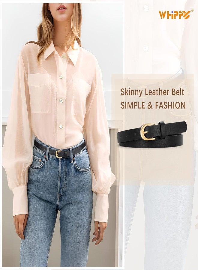 WHIPPY Women's Skinny Leather Belt for Jeans Dress Pants Fashion Ladies Thin Waist Belt with Gold Buckle, Black, S - Image 2