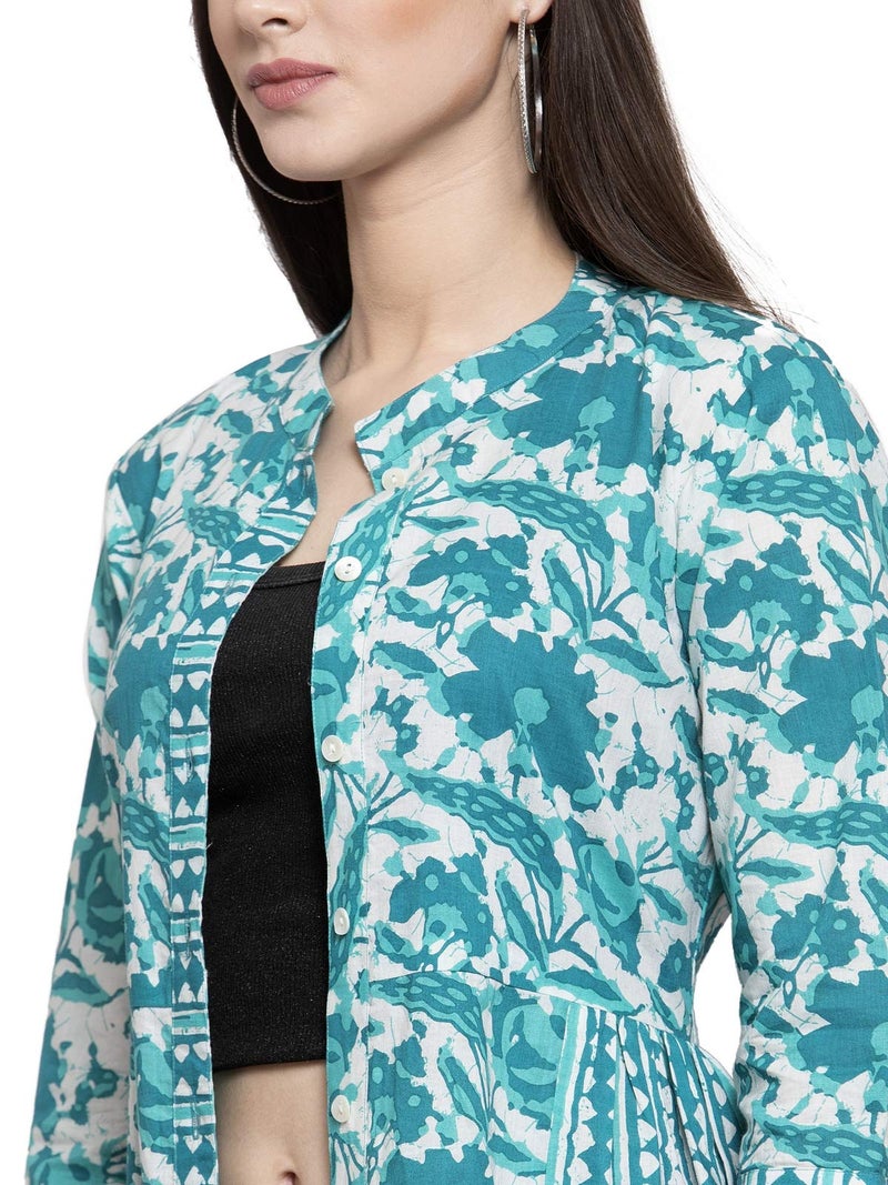 INDIBELLE Women Cotton Open Turquoise Abstract Print 2 Side Kali A-Line Shrug(Turquoise_Small) - Image 5