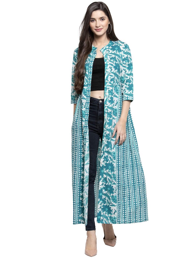 INDIBELLE Women Cotton Open Turquoise Abstract Print 2 Side Kali A-Line Shrug(Turquoise_Small) - Image 1