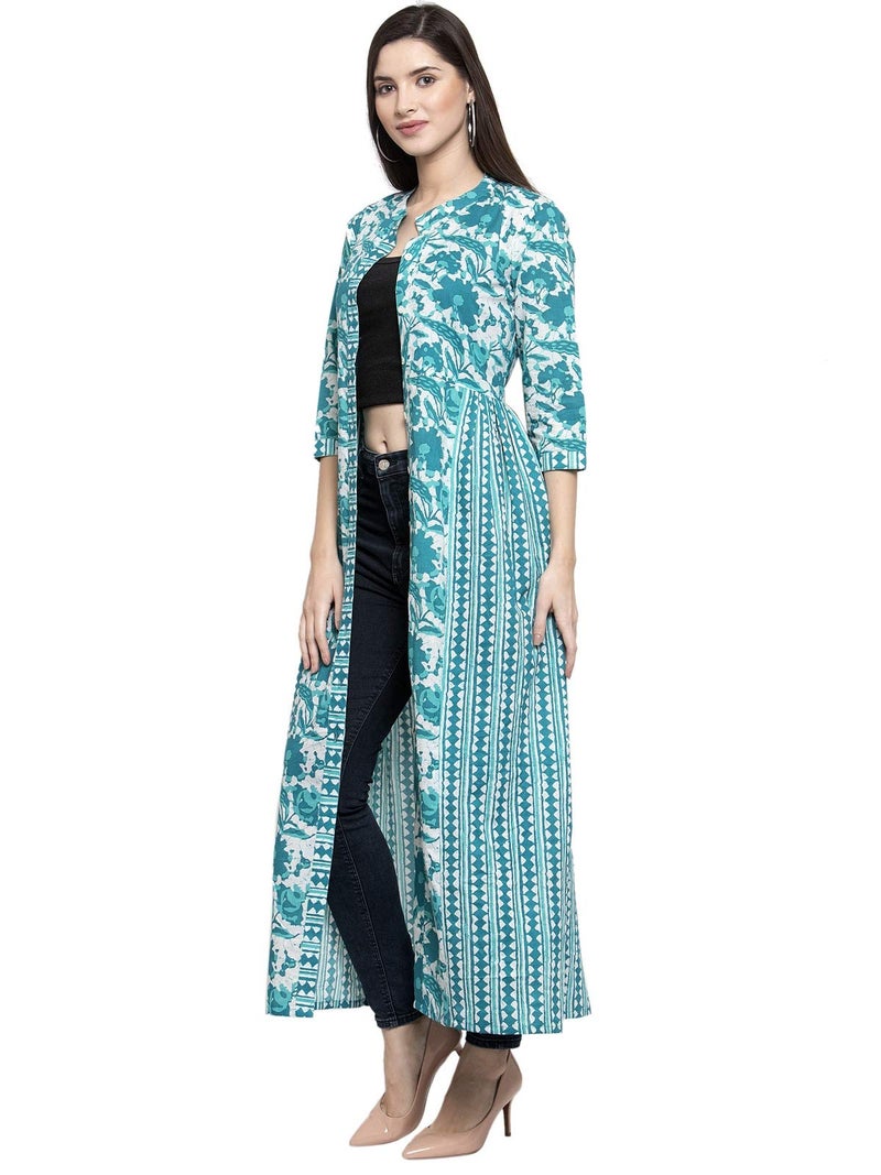 INDIBELLE Women Cotton Open Turquoise Abstract Print 2 Side Kali A-Line Shrug(Turquoise_Small) - Image 4