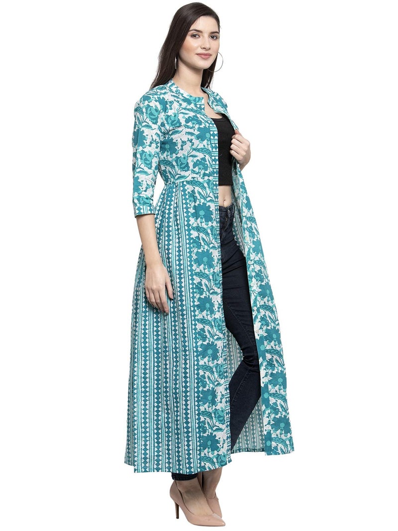 INDIBELLE Women Cotton Open Turquoise Abstract Print 2 Side Kali A-Line Shrug(Turquoise_Small) - Image 3