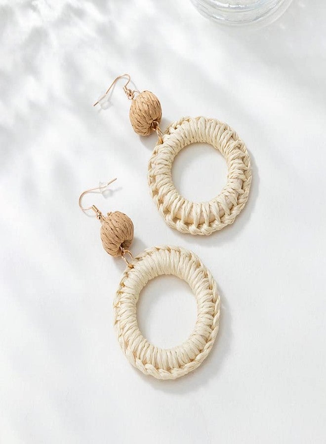 Pingyongchang Rattan Dangle Drop Earrings for Women Handmade Bohemia Lightweight Braid Straw Wicker Raffia Earrings Boho Summer Beach Jewelry Gifts-Beige - Image 2