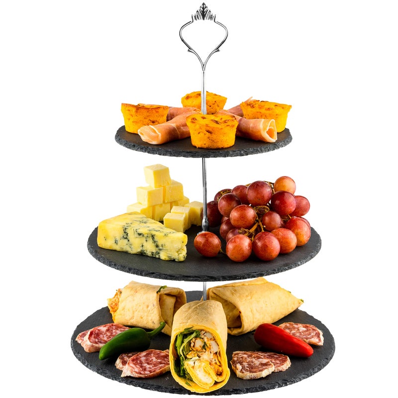 Nyxi 3 in 1 Cake Stand Afternoon Tea Serving Plate 100 Natural Slate Round Rough Edges Display with New Fittings Can be Used as 3 Tier 2 Tier  Single Tier Stand As Your Need 1