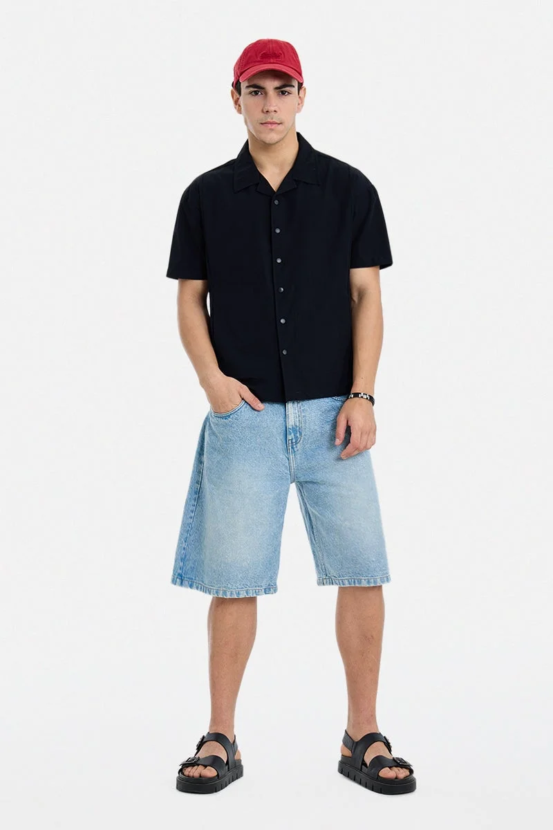 SNITCH Black Solid Half Sleeve Boxy Shirt