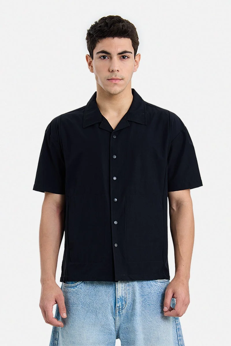 SNITCH Black Solid Half Sleeve Boxy Shirt