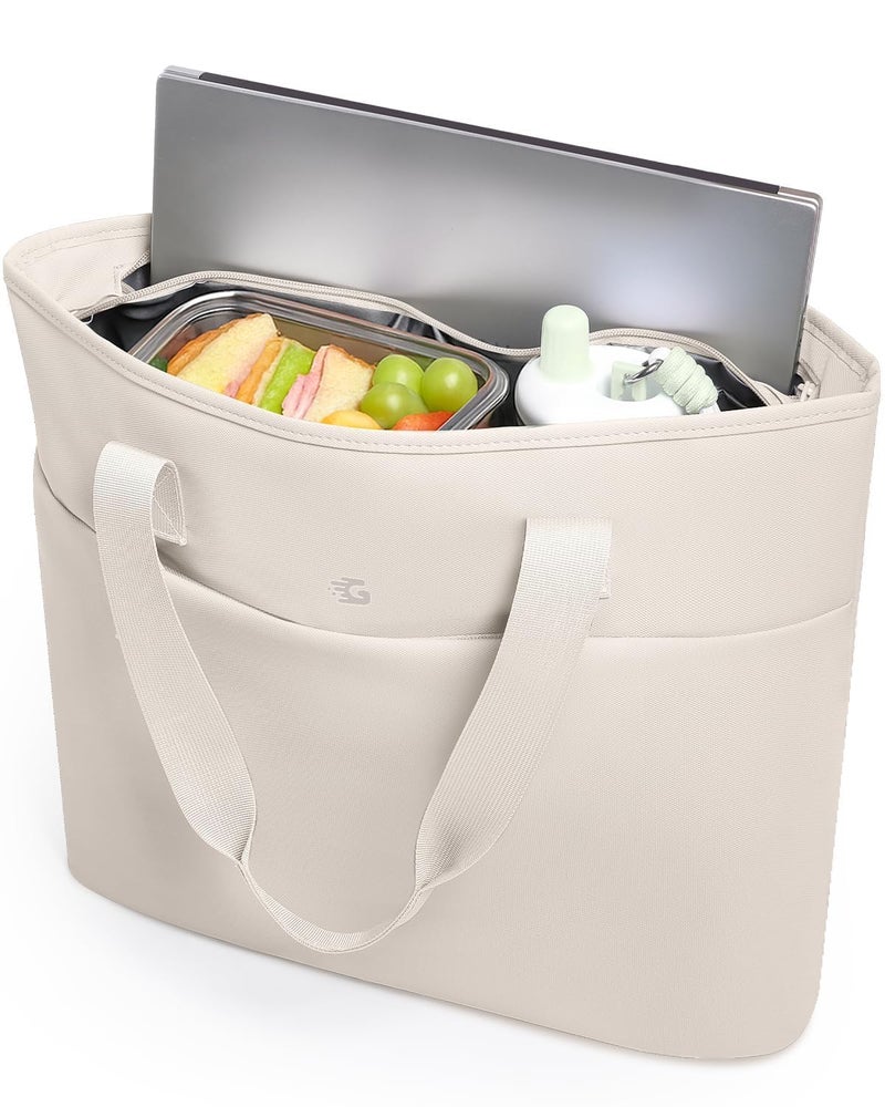 GLORIEROO 2-in-1 Cooler Bags Insulated for Women, Insulated Tote with 15.6 Inch Laptop Compartment, Large Capacity Computer Handbag for Work, Nurse, Office, Outdoor, Beach,Gym (Beige) - Image 1