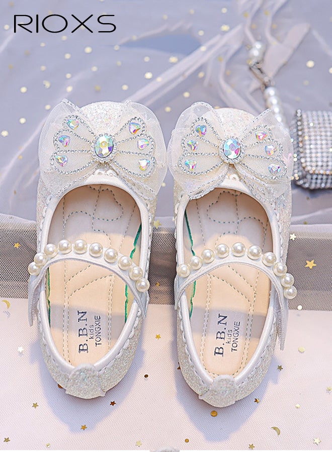 RIOXS Girl's Bow Mary Jane Dress Shoes, Glitter Ballet Princess Flats with Pearl Strap for Kid Toddler, Slip-on School Party Dress Shoes for Wedding Performance Prom Party Graduation, White - Image 4