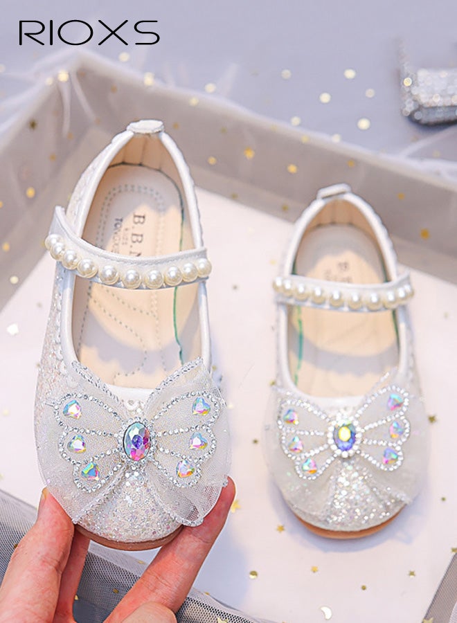 RIOXS Girl's Bow Mary Jane Dress Shoes, Glitter Ballet Princess Flats with Pearl Strap for Kid Toddler, Slip-on School Party Dress Shoes for Wedding Performance Prom Party Graduation, White - Image 2