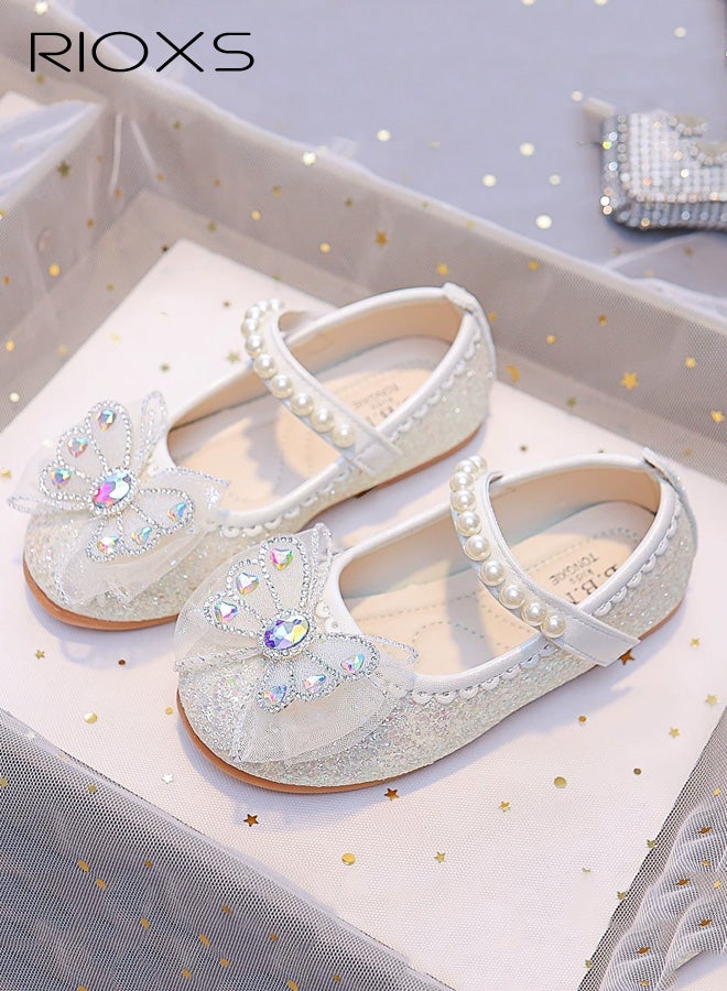 RIOXS Girl's Bow Mary Jane Dress Shoes, Glitter Ballet Princess Flats with Pearl Strap for Kid Toddler, Slip-on School Party Dress Shoes for Wedding Performance Prom Party Graduation, White - Image 1
