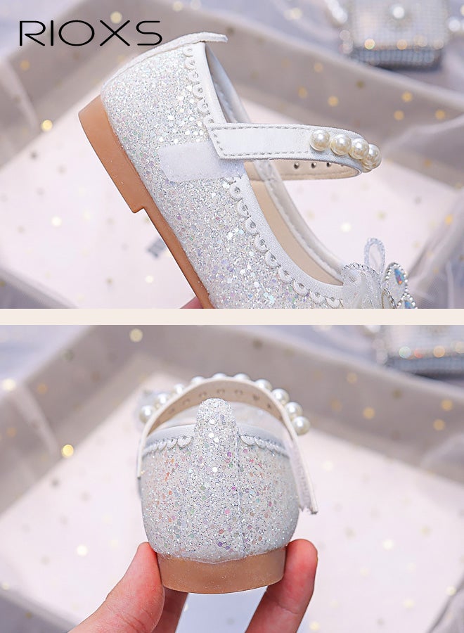 RIOXS Girl's Bow Mary Jane Dress Shoes, Glitter Ballet Princess Flats with Pearl Strap for Kid Toddler, Slip-on School Party Dress Shoes for Wedding Performance Prom Party Graduation, White - Image 5