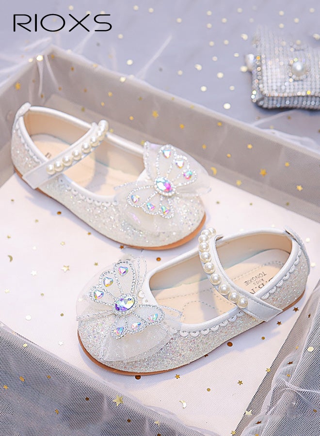 RIOXS Girl's Bow Mary Jane Dress Shoes, Glitter Ballet Princess Flats with Pearl Strap for Kid Toddler, Slip-on School Party Dress Shoes for Wedding Performance Prom Party Graduation, White - Image 3