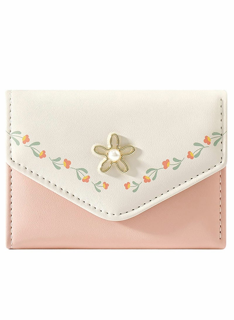Women Girls Wallet, Flower Tri-Fold Wallet, PU Leather Purse, Slim Short Wallet, Small Trifold Cash Card Holder Bag (Pink) - Image 1
