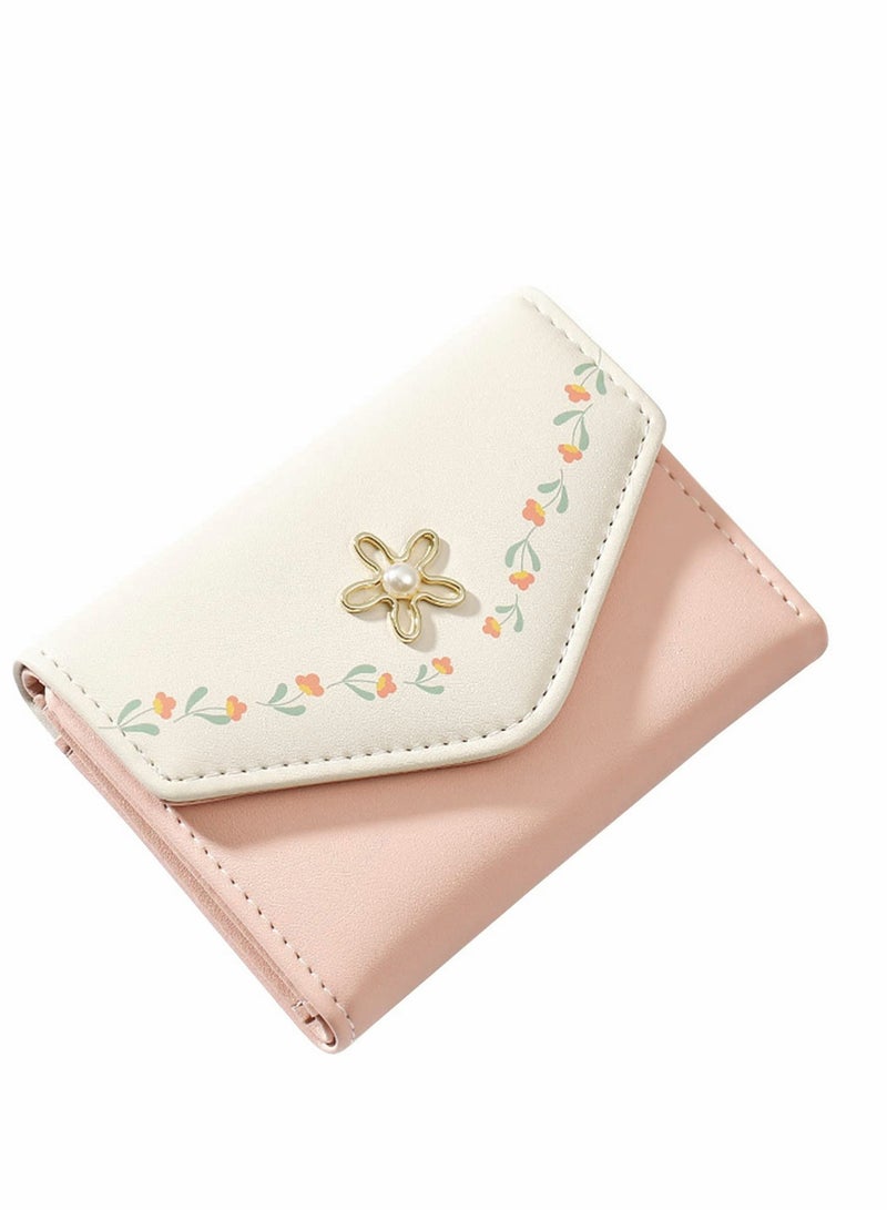 Women Girls Wallet, Flower Tri-Fold Wallet, PU Leather Purse, Slim Short Wallet, Small Trifold Cash Card Holder Bag (Pink) - Image 5