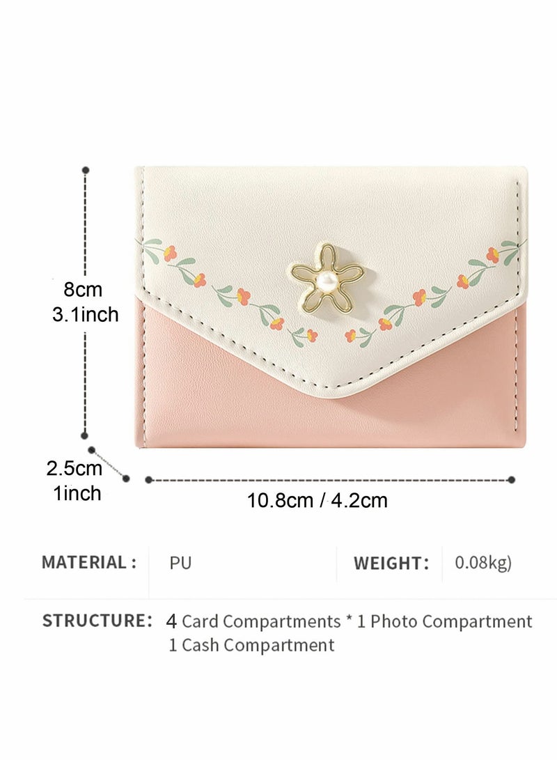 Women Girls Wallet, Flower Tri-Fold Wallet, PU Leather Purse, Slim Short Wallet, Small Trifold Cash Card Holder Bag (Pink) - Image 3