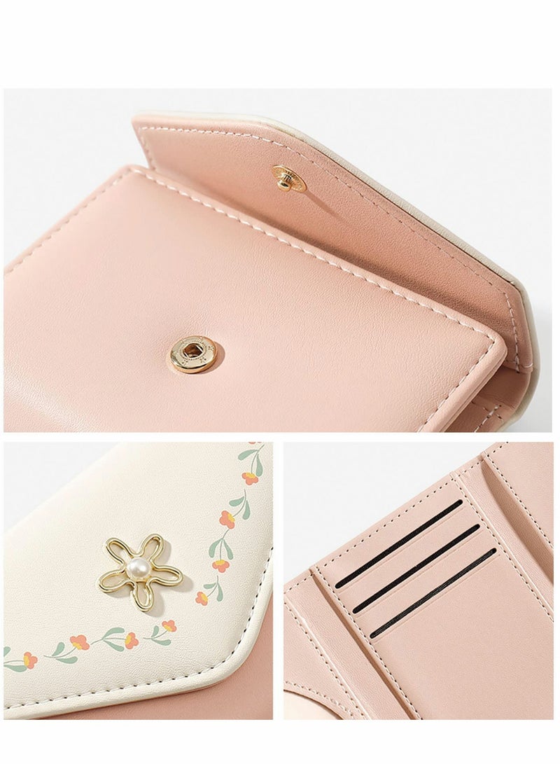 Women Girls Wallet, Flower Tri-Fold Wallet, PU Leather Purse, Slim Short Wallet, Small Trifold Cash Card Holder Bag (Pink) - Image 4