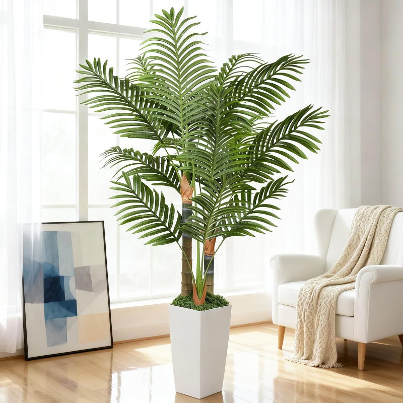 EOOIO 5ft Artificial Palm Tree Indoor Plant with White Tall Planter, Faux Silk Tropical Areca Floor Plant in Pot, Artificial Plants with Lifelike Leaves for Home Office Decor - Image 1