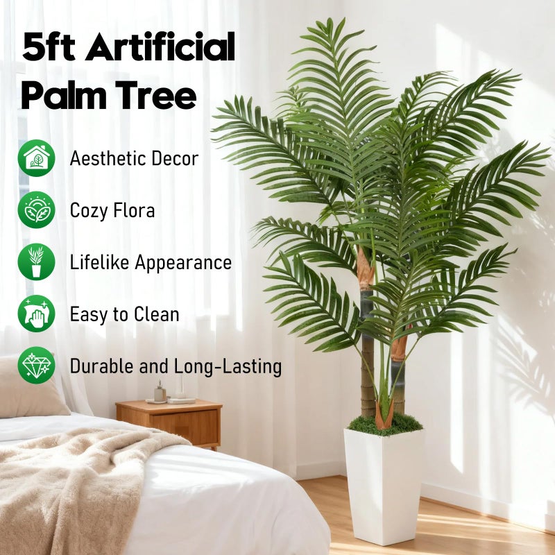 EOOIO 5ft Artificial Palm Tree Indoor Plant with White Tall Planter, Faux Silk Tropical Areca Floor Plant in Pot, Artificial Plants with Lifelike Leaves for Home Office Decor - Image 2