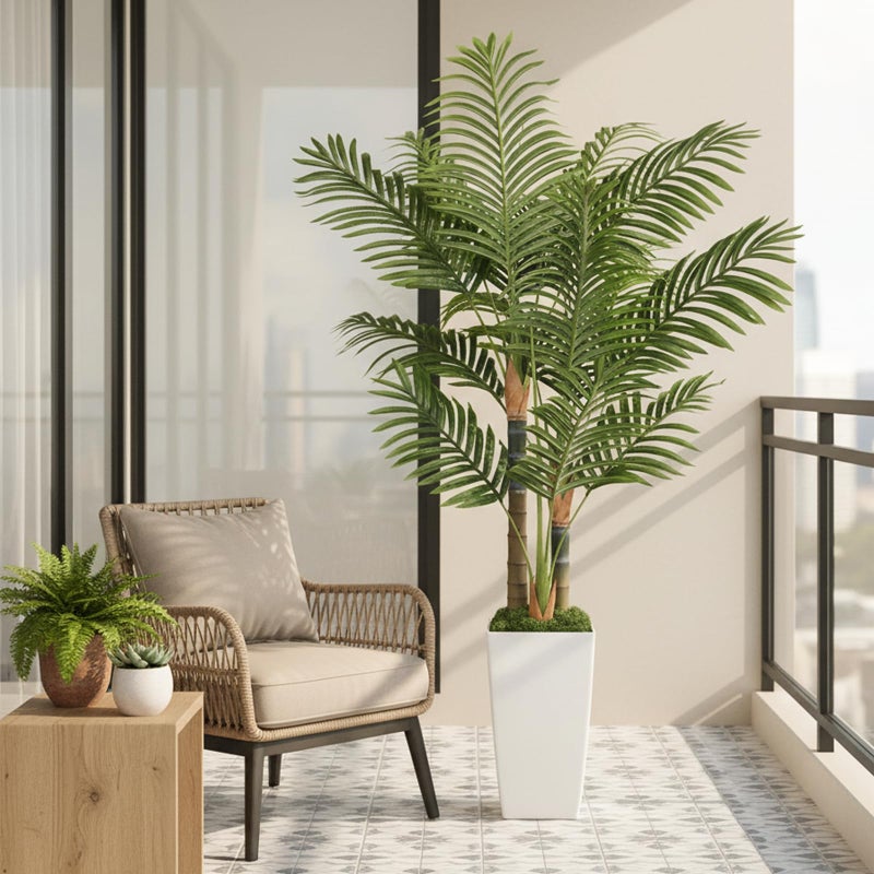 EOOIO 5ft Artificial Palm Tree Indoor Plant with White Tall Planter, Faux Silk Tropical Areca Floor Plant in Pot, Artificial Plants with Lifelike Leaves for Home Office Decor - Image 5