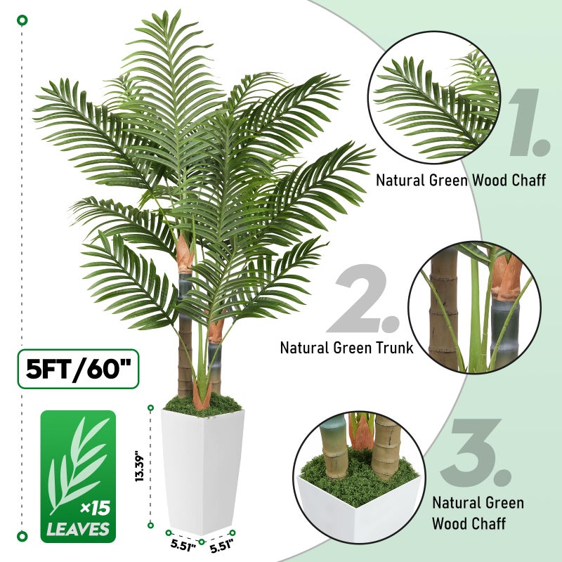EOOIO 5ft Artificial Palm Tree Indoor Plant with White Tall Planter, Faux Silk Tropical Areca Floor Plant in Pot, Artificial Plants with Lifelike Leaves for Home Office Decor - Image 3