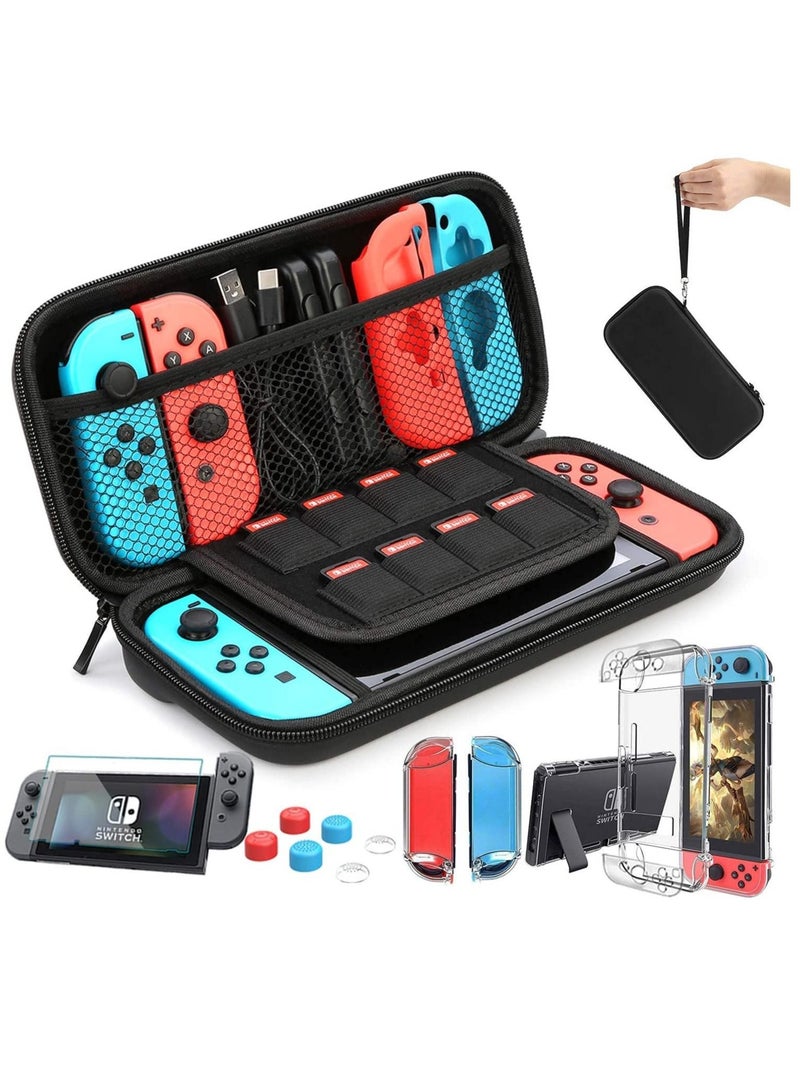 Captaintech Switch Case Compatible with Fit for Nintendo Switch 9 in 1 Accessories kit with Carrying Case, Dockable Protective Case HD Screen Protector and 6pcs Thumb Grips Caps - Image 1