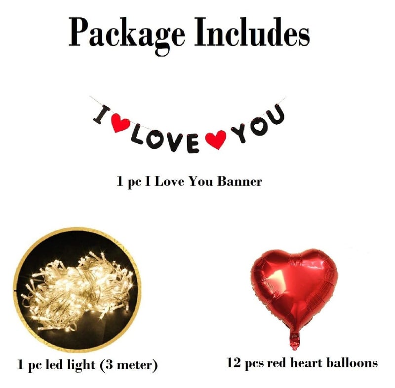 HK balloons Aluminium I Love You Banner Led Light Heart Balloons Valentine Decorations (Multicolor)-Set of 14 Pieces - Image 2