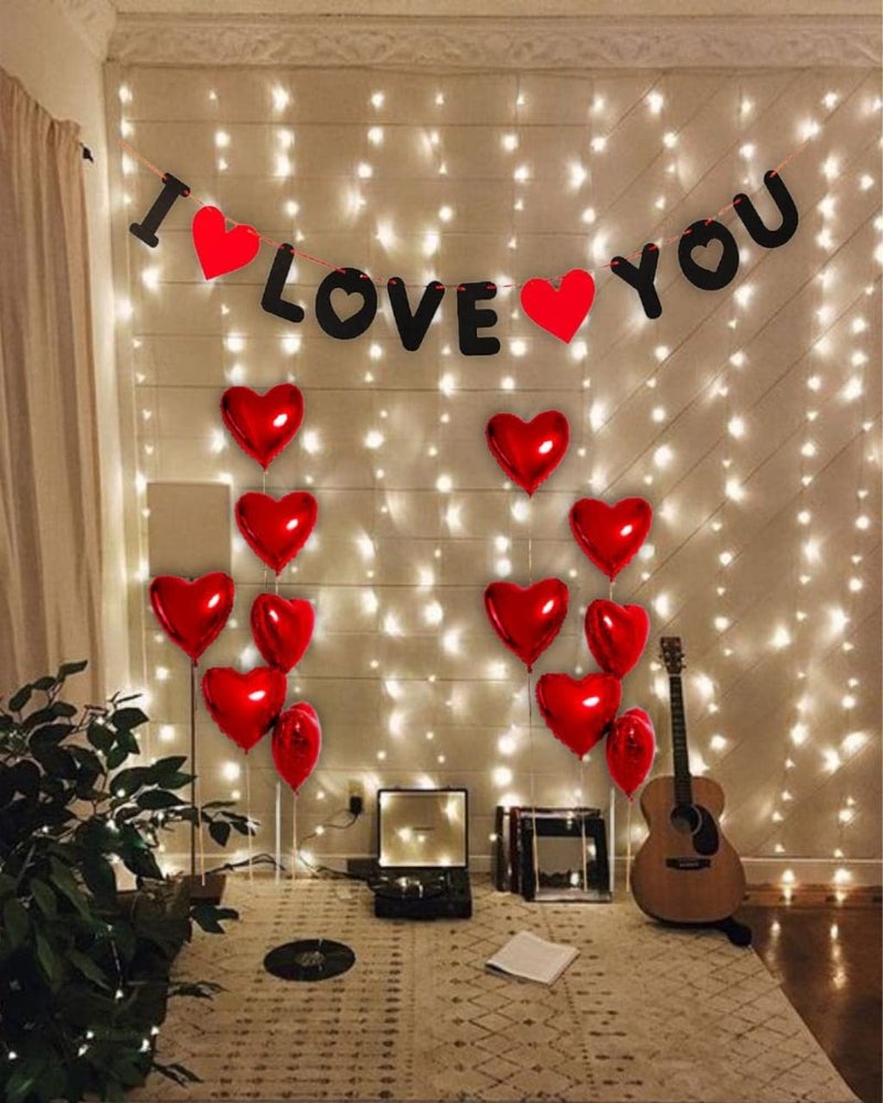 HK balloons Aluminium I Love You Banner Led Light Heart Balloons Valentine Decorations (Multicolor)-Set of 14 Pieces - Image 1