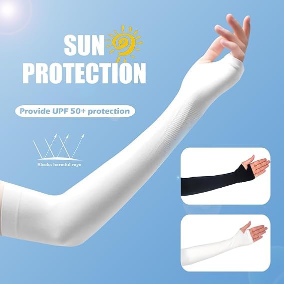 Azaria Hand Gloves for Sun Protection Arm Sleeves for Men & Women, UPF 50 Arm Cover for Biking, Cricket, Cycling, Golf & Outdoor Sports, Arm Protection Sleeves for Women (Black & White Color - 2 Pair) - Image 2