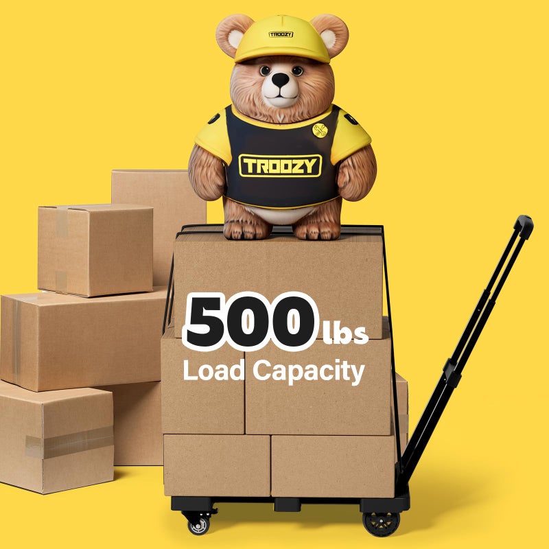 TROOZY Folding Hand Truck 500 LB, Portable Heavy Duty Dolly Cart with 4 Wheels (2 with Brake) & Extendable 26" Plate, Collapsible Luggage Trolley with 2 Elastic Straps for Travel, Moving, Camping - Image 2