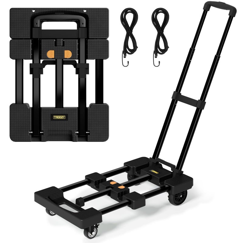 TROOZY Folding Hand Truck 500 LB, Portable Heavy Duty Dolly Cart with 4 Wheels (2 with Brake) & Extendable 26" Plate, Collapsible Luggage Trolley with 2 Elastic Straps for Travel, Moving, Camping - Image 1