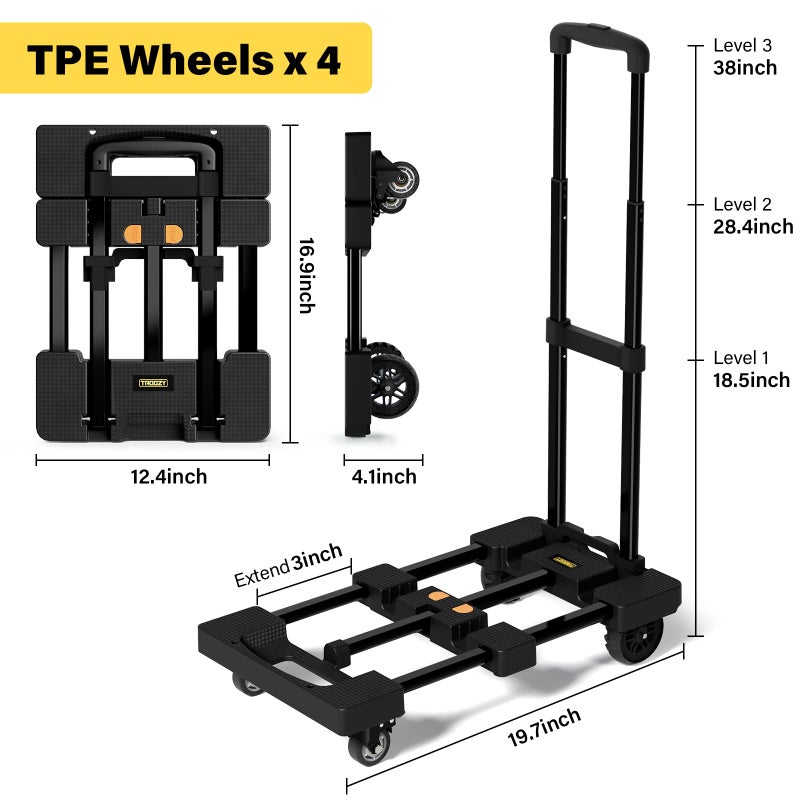 TROOZY Folding Hand Truck 500 LB, Portable Heavy Duty Dolly Cart with 4 Wheels (2 with Brake) & Extendable 26" Plate, Collapsible Luggage Trolley with 2 Elastic Straps for Travel, Moving, Camping - Image 3
