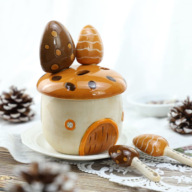 Sizikato 4pcs Porcelain Measuring Spoons with Base, Cartoon Mushroom House Shape - Image 4
